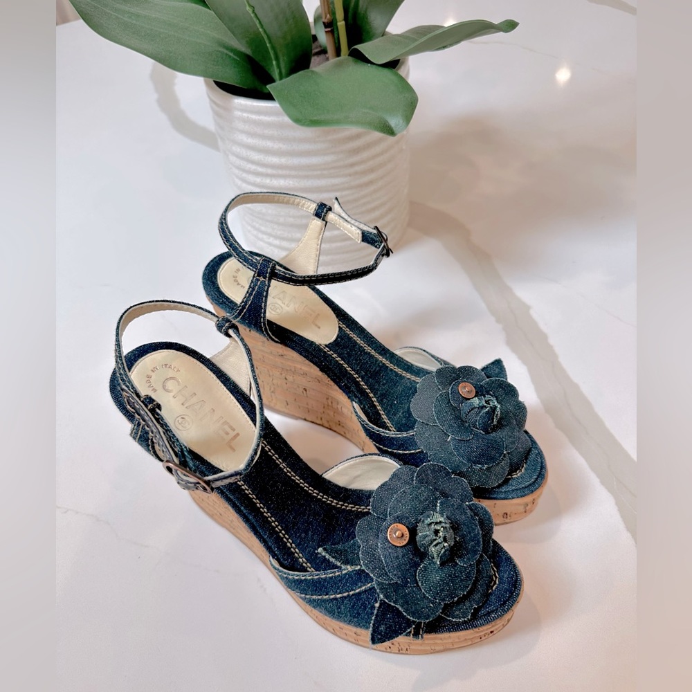 Chanel Denim Wedges size 38.5 EUC Platform Shoes Size 7.5 US